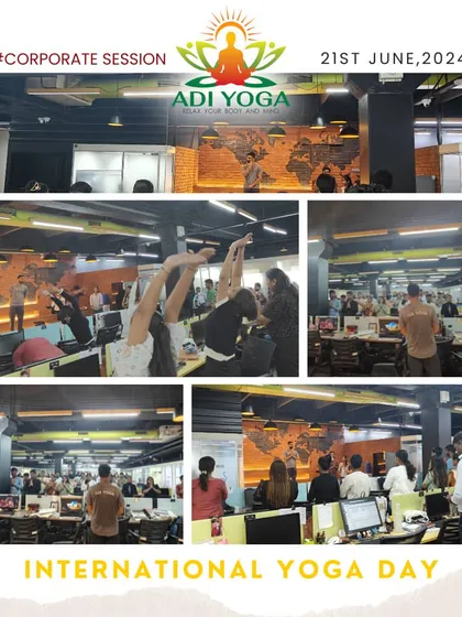 I bring the calm to your office. This collage is from an International Yoga Day session I conducted, helping a busy team find a moment to stretch, breathe, and reset right at their desks. Corporate wellness sessions are a great way to boost team morale and productivity.