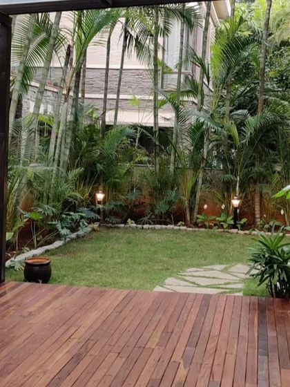 A glimpse into a lush backyard we designed, featuring a rich wooden deck that extends into a manicured lawn surrounded by dense, tropical foliage. This project highlights our ability to blend hardscaping with natural elements seamlessly.