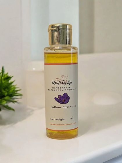 A simple, elegant shot of my Saffron Face Wash on a bathroom counter. It's designed to brighten your complexion and improve skin texture with every use.