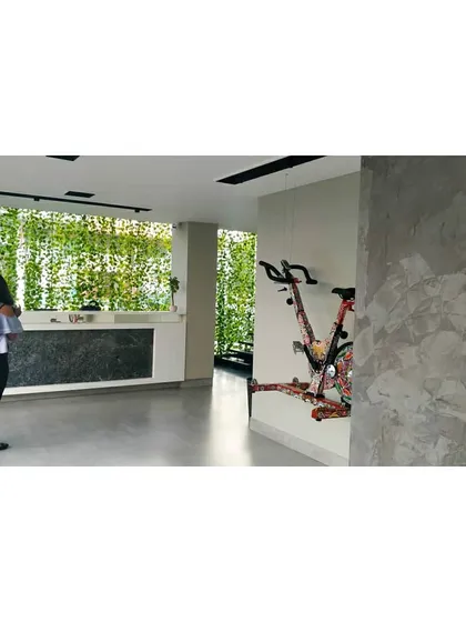 This image shows the material palette and design details, including the textured concrete wall finish and the artistic mounting of a spin bike. These details reinforce the studio's modern, industrial aesthetic.