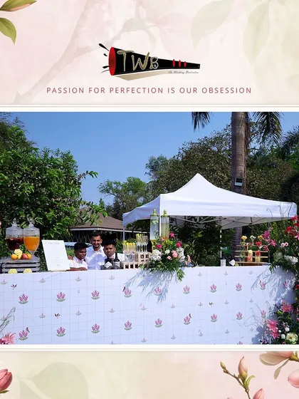 A vibrant Haldi celebration bar, fully equipped with a wine station, detox water station, and refreshing coolers like Basil Watermelon.