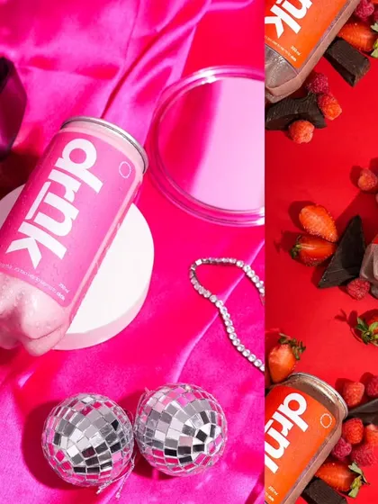 This shot uses a "party" theme with disco balls and satin fabric to create a fun, glamorous vibe for these drinks. The bold pink and red backgrounds make the images pop, perfect for a youthful brand.