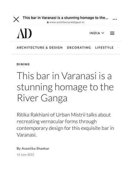 The headline from our feature in Architectural Digest: "This bar in Varanasi is a stunning homage to the River Ganga." It speaks to our success in creating a narrative-driven space that resonates with its context.