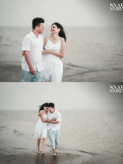 A collage of two images showing the couple walking and embracing by the water's edge, capturing the natural and candid moments of their beach pre-wedding shoot.