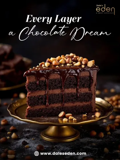 A closer look at my layered chocolate and hazelnut cake. You can see the rich, velvety texture of the chocolate mousse between moist cake layers, all topped with a glossy ganache drip and crunchy roasted hazelnuts.