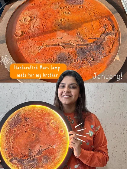 This is a custom, handcrafted Mars lamp I created. Beyond workshops, I also make unique textured art pieces like this, perfect for adding a personal and artistic touch to your home decor.