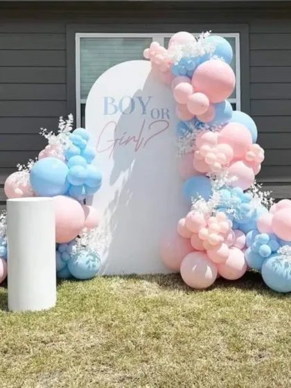 An outdoor "Boy or Girl?" gender reveal setup. The simple white arch is decorated with a pastel pink and blue balloon garland, ideal for a backyard celebration.