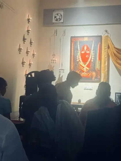 The Devi's corner during the Holi full moon celebration. The space is filled with a unique magic, blending festive joy with deep spiritual reverence.