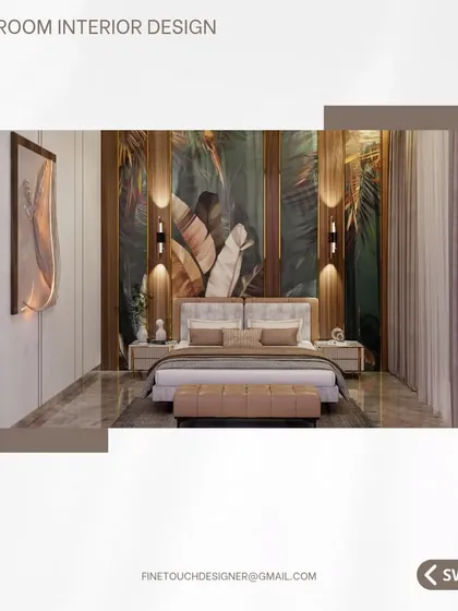 This wider angle shows how the feature wall, custom headboard, and soft furnishings come together. The design maintains a clean, uncluttered look while being rich in detail and personality.