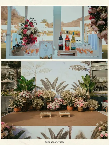 A split view of the Haldi setup, showing the elegant bar and the main stage with a tropical leaf backdrop and traditional low seating for the ceremony.