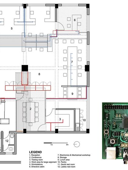 This shows our concept for the Ananya Technologies office. The floor plan on the left was designed to function like the integrated circuit board on the right, with pathways and zones defined by the overhead pipe network.
