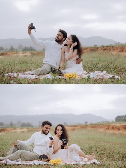 A collage showing the fun of a picnic-themed shoot, from taking selfies to just enjoying each other's company on the blanket.