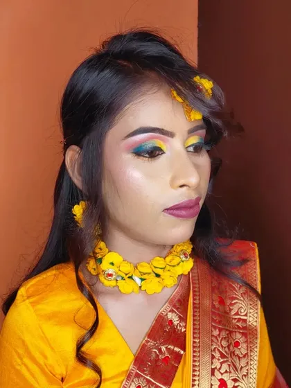Another angle of the creative Haldi eye makeup, which is the main focus of this look.