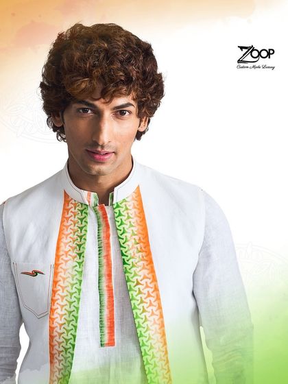A closer look at our Independence Day special. The tricolor detailing on the placket and pocket of this white kurta adds a touch of patriotic flair to a classic design.