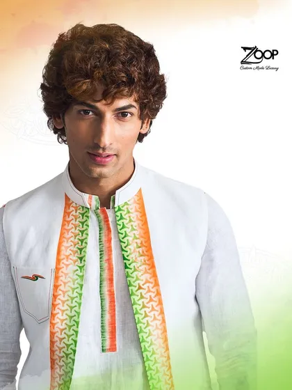 A closer look at our Independence Day special kurta, showing the tricolor detailing on the placket and pocket.