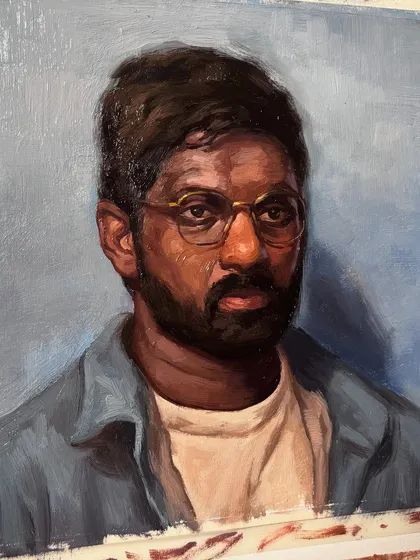 An oil portrait study done on mount board. I pay close attention to getting the likeness just right, ensuring the final commissioned piece truly reflects the person.