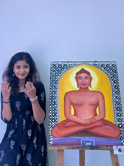 Presenting one of my favorite artworks, a painting of Lord Mahavir. The background features a Lippan art-inspired pattern, and the entire piece is done with acrylics on a 24 by 22-inch canvas.