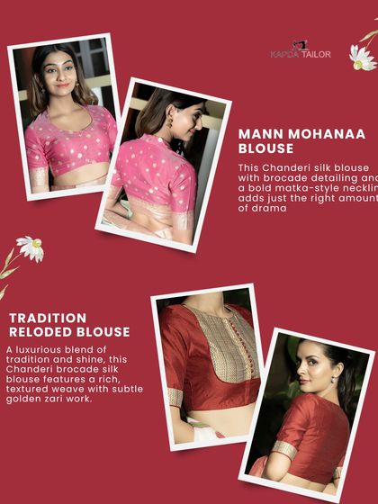 This gallery showcases two of my favorite festive styles. The pink Chanderi silk blouse has a bold matka-style neckline, while the red brocade silk blouse features a rich, textured weave with subtle golden zari work.