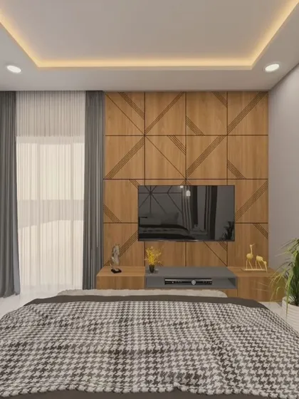 This 3D concept shows a bedroom with a unique TV wall made of geometric wood panels. The design creates a warm, textured look that complements the room's modern aesthetic.