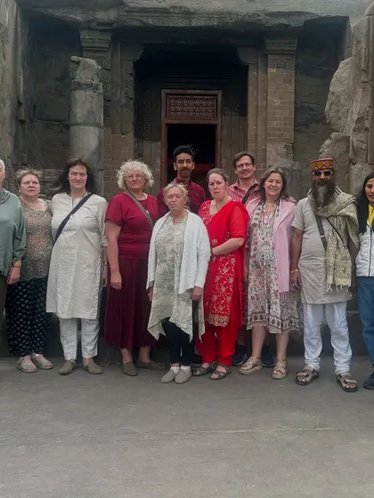 Guiding a group of international students at the historic rock-cut temples. It is a powerful experience to connect with India's ancient spiritual heritage in such a sacred place.