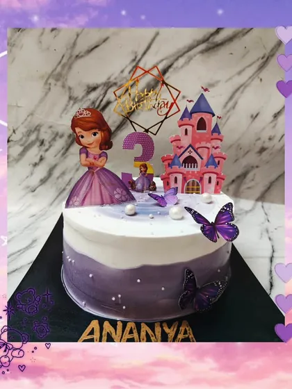 Another magical Sofia the First cake for a little princess turning three. This design features a castle topper and pretty purple butterflies.