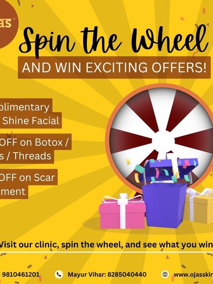 Spin the wheel and win exciting offers. Prizes include a complimentary Aqua Shine Facial, 20% off Botox or Fillers, and 35% off Scar Treatments. Visit our clinic to try your luck.
