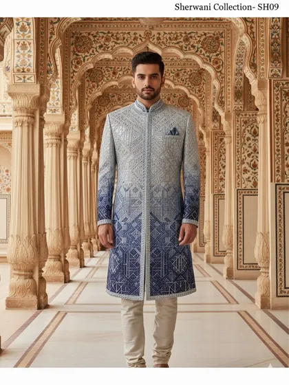 This is the kind of entrance you want to make. My stunning ombre sherwani, with its intricate geometric embroidery, is designed for the modern groom who appreciates tradition but isn't bound by it. It’s a statement piece for your big day.