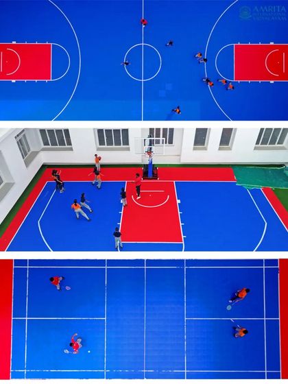 Top-down aerial views of the indoor sports facilities, including basketball and badminton courts. This showcases the quality of the infrastructure available to students.