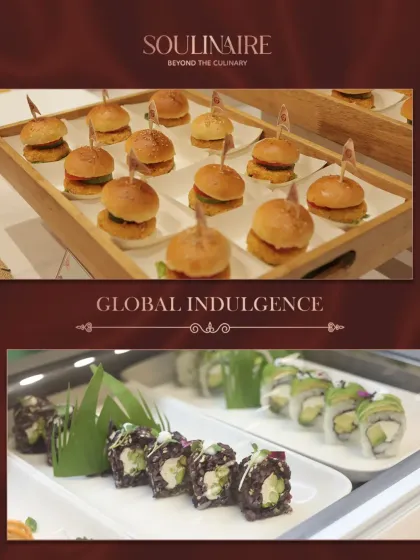 A collage showcasing global indulgence, from mini sliders to fresh sushi rolls. Our menus are designed to offer a journey of culinary innovation.