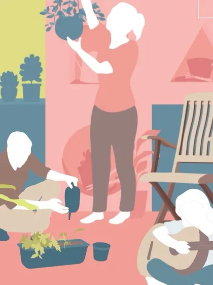 A scene from the 'A Home New World' animation, showing a family sharing a space for different activities like gardening and music. The faceless characters allow viewers to project themselves into this new concept of living.