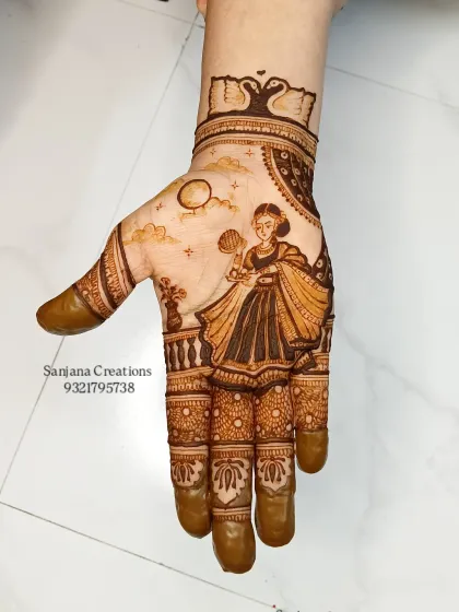 The final Karwachauth portrait design, complete with finger details and a background of the moon and stars.