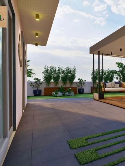 A 3D render illustrating a multi-use terrace design. The visualization shows distinct areas for a walkway, a lawn, and a covered seating area with a swing, ensuring the space is versatile and functional.