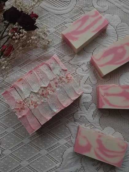 The full loaf of my HOPE soap next to the cut bars. The high shea butter content makes these bars incredibly gentle and perfect for dry or sensitive skin.
