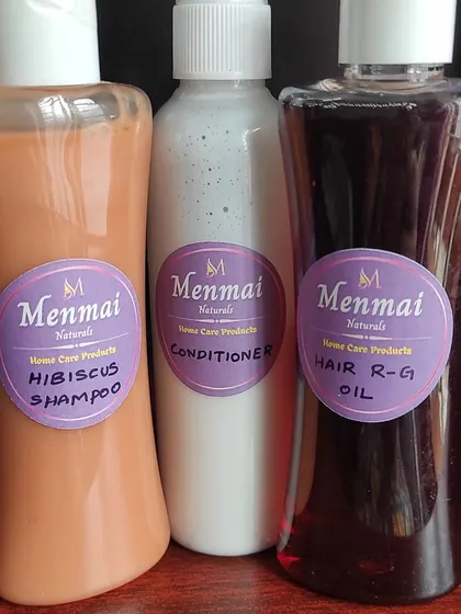 To get the best results, it's important to use a complete, chemical-free routine. Here are three of my core products working together: the Hair R-G (Regrowth) Oil, Hibiscus Shampoo, and nourishing Conditioner.