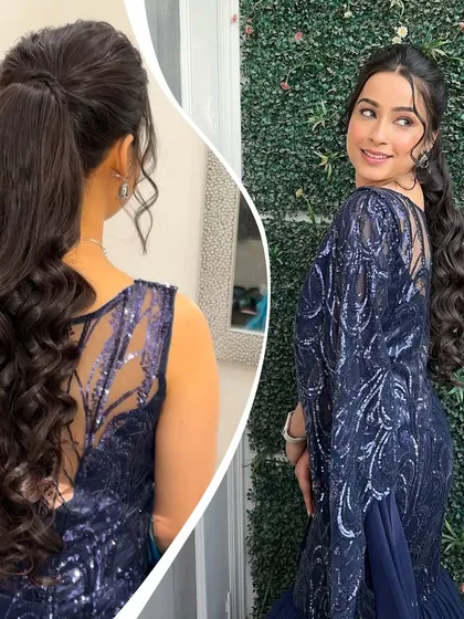 A high, voluminous ponytail is a fantastic choice for a cocktail party or reception. I create bounce and texture with carefully placed curls, ensuring the style looks full and glamorous from every angle.