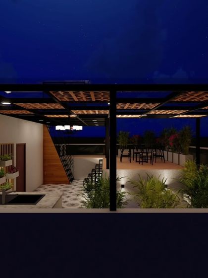 A 3D render showcasing a terrace design with a mix of seating areas, planters, and a stylish pergola. This level of detail in the planning stage ensures every inch of your space is utilized effectively.