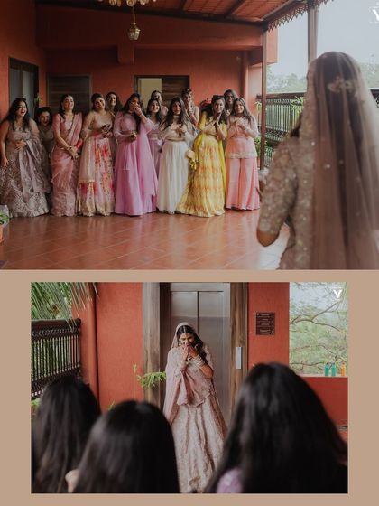 A collage of the bride's reveal to her bridesmaids. Their emotional and excited reactions are a beautiful capture of friendship and shared joy.