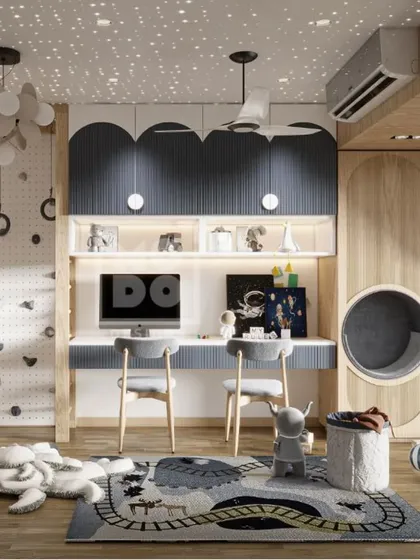This kid's room is designed to inspire little minds. It combines playful elements like a starry ceiling and a climbing wall with functional features like a shared study desk and a cozy reading nook.