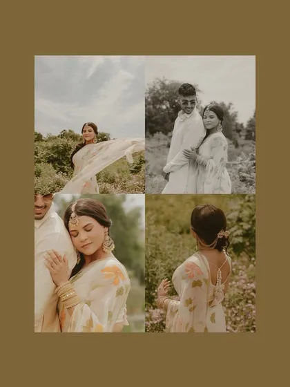 A vintage-toned collage capturing a couple in a sun-drenched field. The four panels show different moments of quiet romance and individual portraits, creating a dreamy, nostalgic feel perfect for a bohemian-themed shoot.