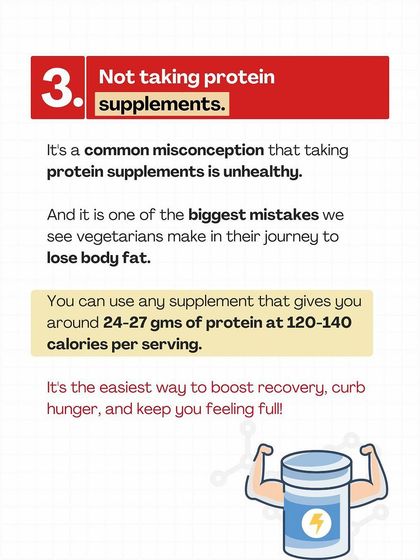 Not taking protein supplements is one of the biggest mistakes vegetarians make. It's the easiest way to hit your protein target, boost recovery, and curb hunger. It's not unhealthy; it's a tool.
