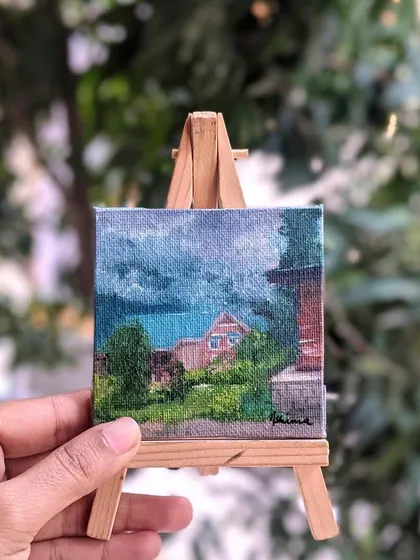 This piece is inspired by a photo of a cozy homestay in Manali. I really enjoy turning travel photos into hand painted keepsakes. You can see the texture of the oil paint on the 3x3 inch canvas, bringing the memory of that peaceful place to life.