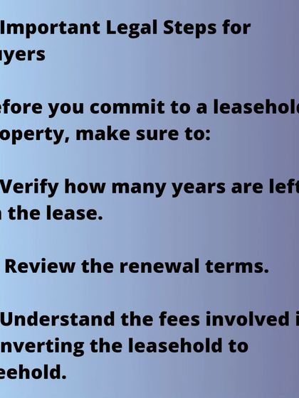Before buying a leasehold property, there are important legal steps to take. You must verify the remaining years on the lease, review the renewal terms, and understand the fees involved in converting it to freehold.