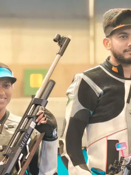 Team India celebrating their Gold medal in the 10M Air Rifle Mixed Team event. We create the stage where Indian athletes can shine and bring glory to the nation.