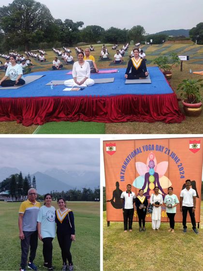 More moments from the 10th International Yoga Day celebration, including leading the session from the stage and group photos with participants against the event banner.
