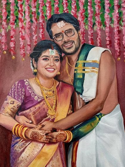 A vibrant South Indian wedding portrait. I loved painting the rich purple and gold of the bride's saree and the traditional wedding attire of the groom.
