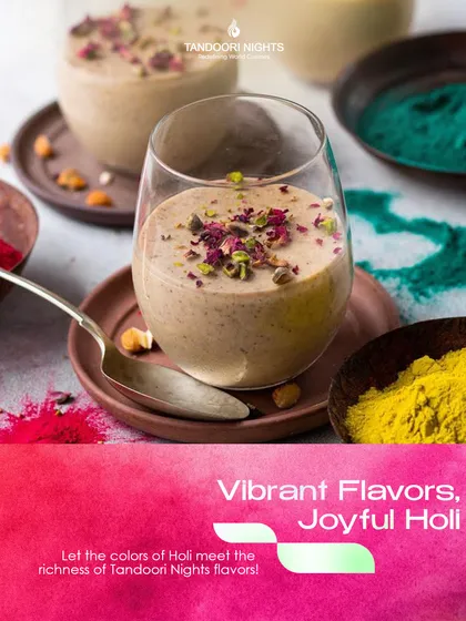 Vibrant flavors for a joyful Holi. A glass of rich, creamy Thandai garnished with pistachios, set against a backdrop of festive colors, perfectly captures the spirit of the celebration.