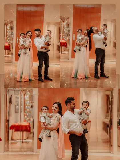 I also document important family celebrations like first birthdays. This collage captures a family portrait session indoors, showing the happy parents with their twin babies in both posed and candid moments.