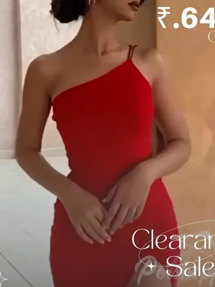This vibrant red one-shoulder midi dress is a perfect statement piece, now offered at a special sale price.