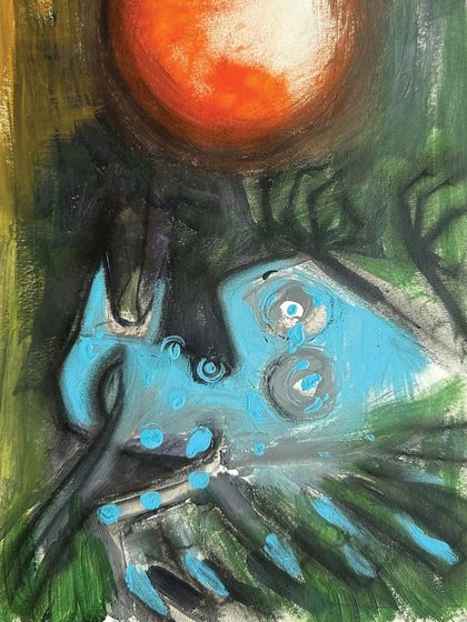 An abstract and emotional piece, this untitled acrylic on paper uses bold colors like blue and orange to create a striking mood.