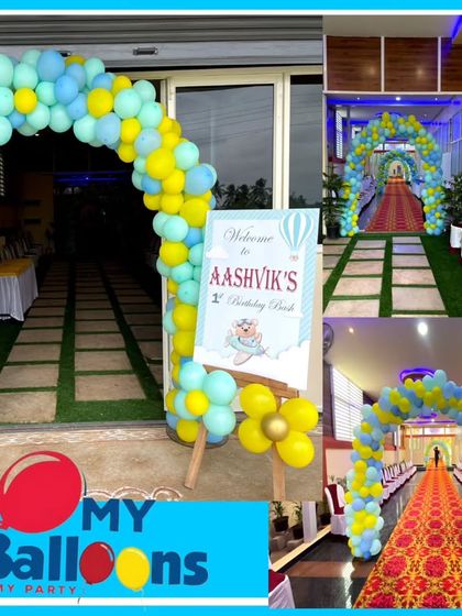 A collage showing the entrance and main hall decorated for a hot air balloon-themed party, featuring a blue and yellow balloon arch.